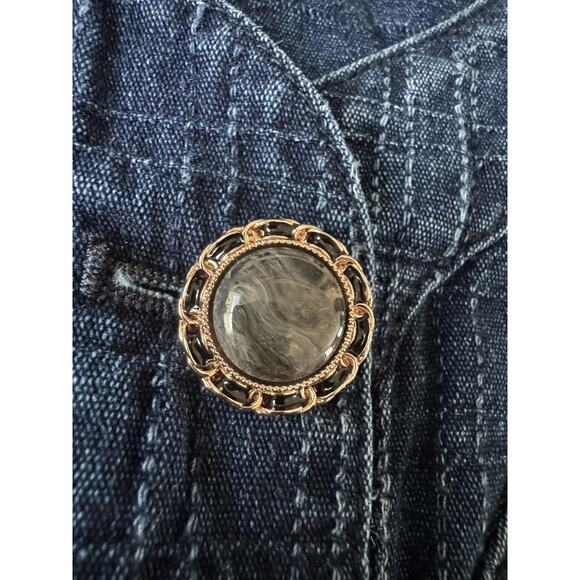 Cropped Jacket Womens Small Puff Sleeve Blue Denim Buttons Heart Pockets KUOSE - Picture 9 of 16